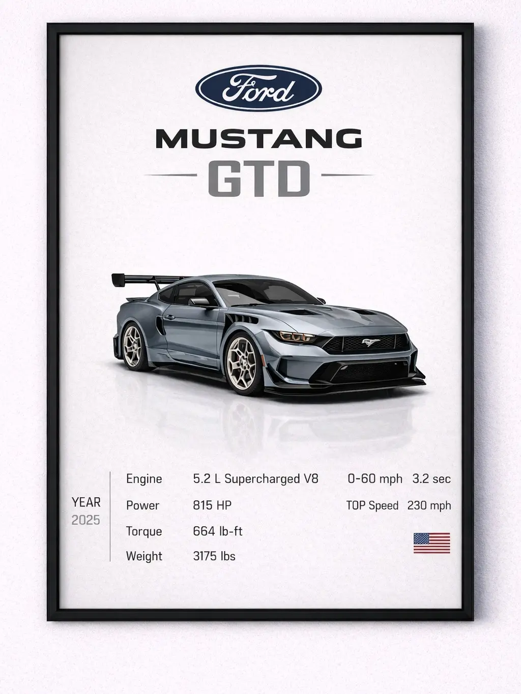 Ford Mustang GTD Luxury Photo Poster, Black Framed Wall Decoration for Home Bedroom, 12x18in Size, Artistic