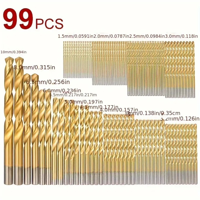 99PCS High-Speed Steel Titanium Drill Bit Set, Fully Ground Spiral Groove Straight Shank Split Point Tip Bits (1/16"-3/8" Inches/1-3mm), Durable Power Tool Accessory for Metal & Wood Drilling