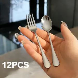 12PCS Black&Silver Stainless steel tableware fork and spoon set, Spoon & Fork, Silverware Set, Silver Stainless Steel Flatware Set