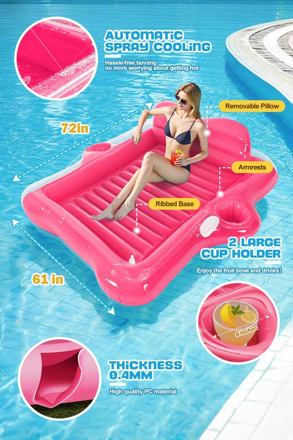 Inflatable Tanning Pool Lounger Float,  72*61’’/80*67’’Large Size Pool Floats Adult with Automatic Spray Cooling, 5 in 1 Suntan Tub Raft Floatie, Sunbathing Bed Lounge for Pool Party Yard Tanning  Outdoorfun
