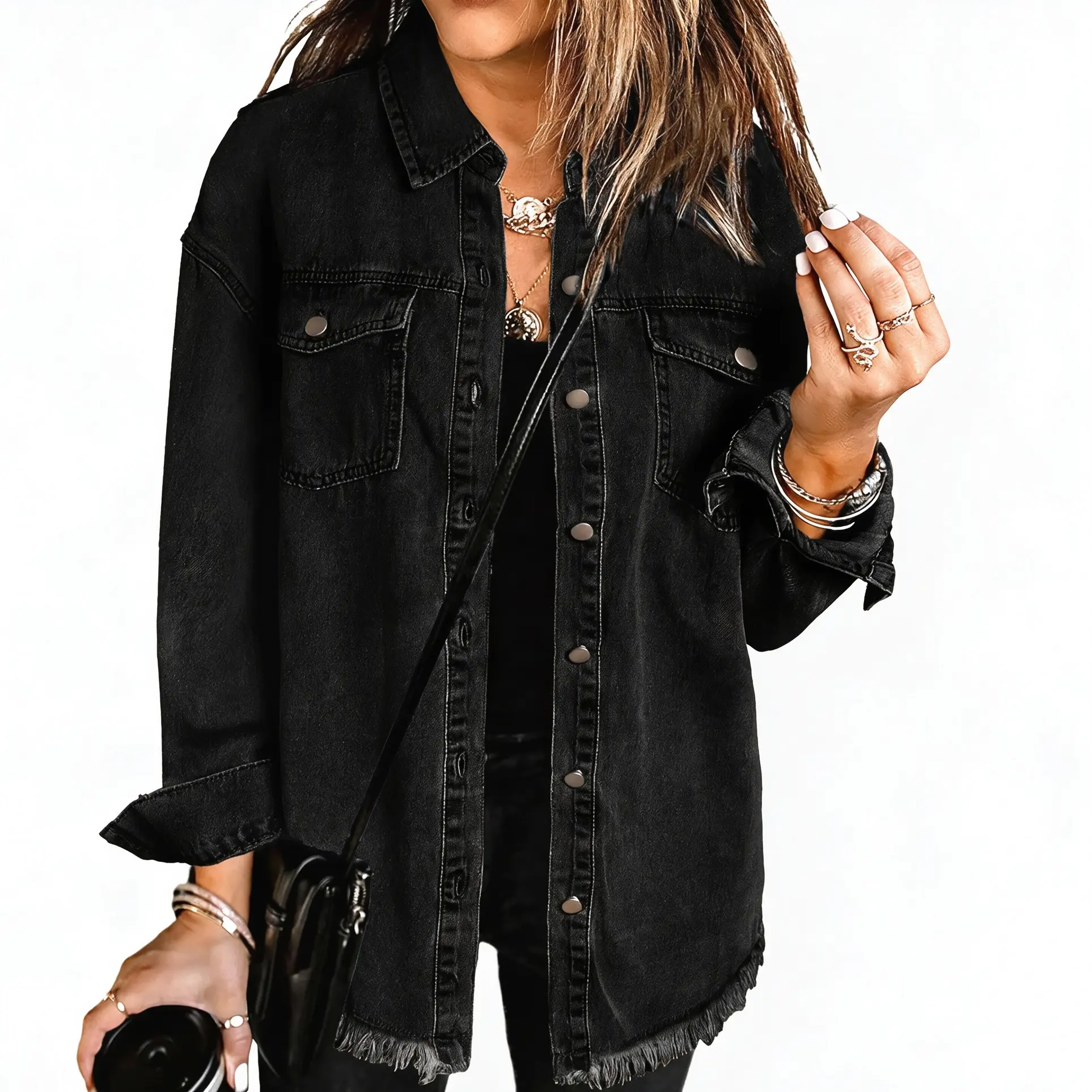 Wodubu Vintage Fold Overs Oversized Shirt, Women’s Oversized Button Up Denim Shacket, Long Sleeve Pockets Frayed Hem Jean Jacket