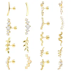 9pcs Cartilage Earrings Helix Piercing 14K Golden Plated Stainless Steel Opal CZ Conch Daith Tragus Piercing Jewelry Snake Leaf Screw Flat Back Stud Earrings Set for Women Sensitive Ears
