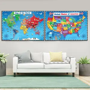 Cartoon Map Pattern Unframed Painting, World Map & United States Map, Wall Art for Home Living Room Bedroom Decor