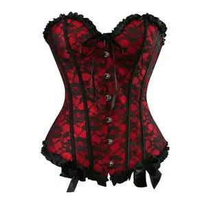 Women’s Bustier Corset Top — Sexy Lingerie, Black Satin, Women’s Floral Black Lace Trim Corset Overbust Waist Cincher Bustier Top, Halloween Costume Ideas, Party Outfit, Gothic Corset 815-D1