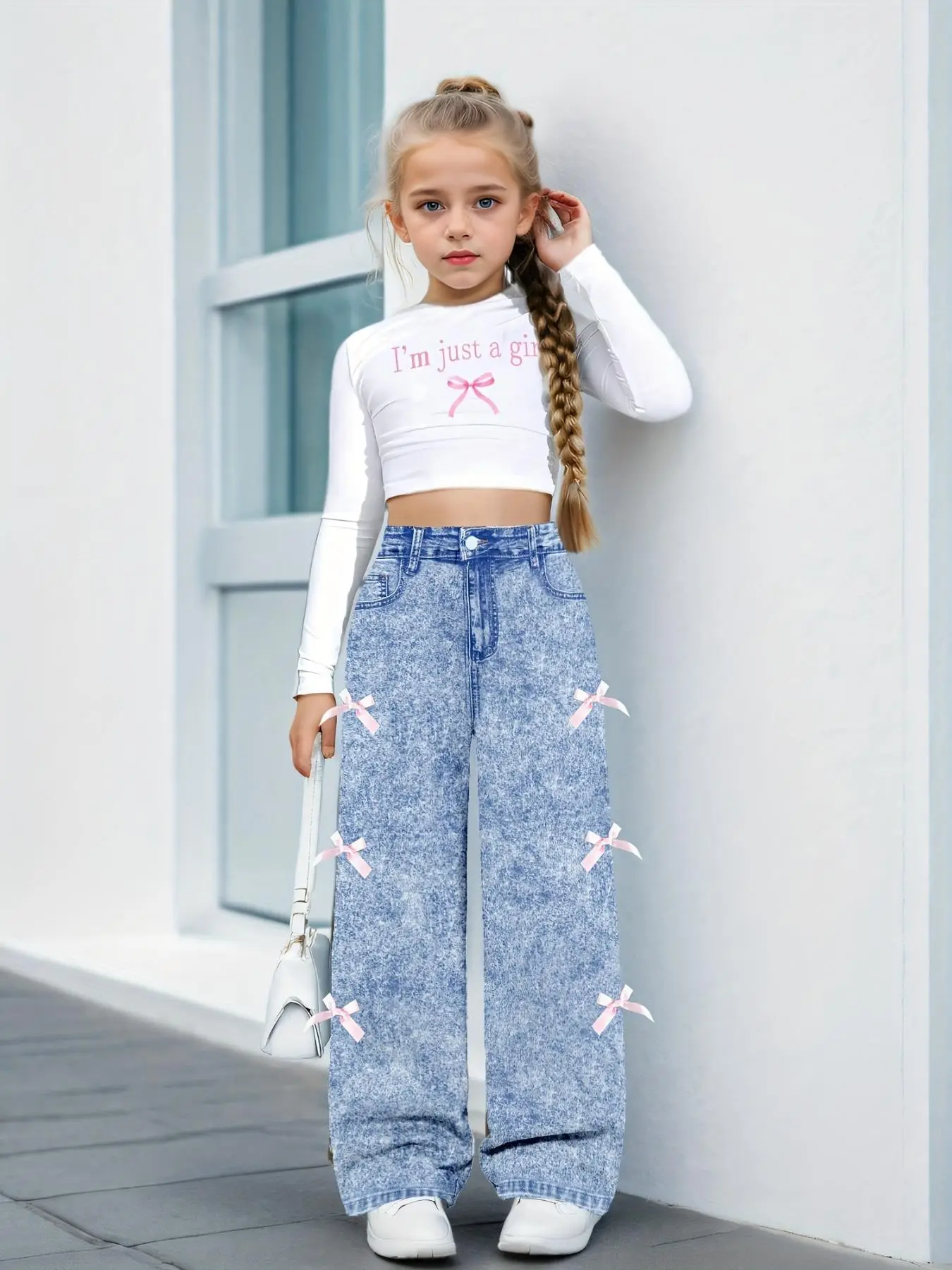 Two-piece Set Girl's Letter Print Top & Denim-effect Print Pants Set, Casual Long Sleeve Top & Trousers for Daily Wear, Kids Clothing for All Seasons,
