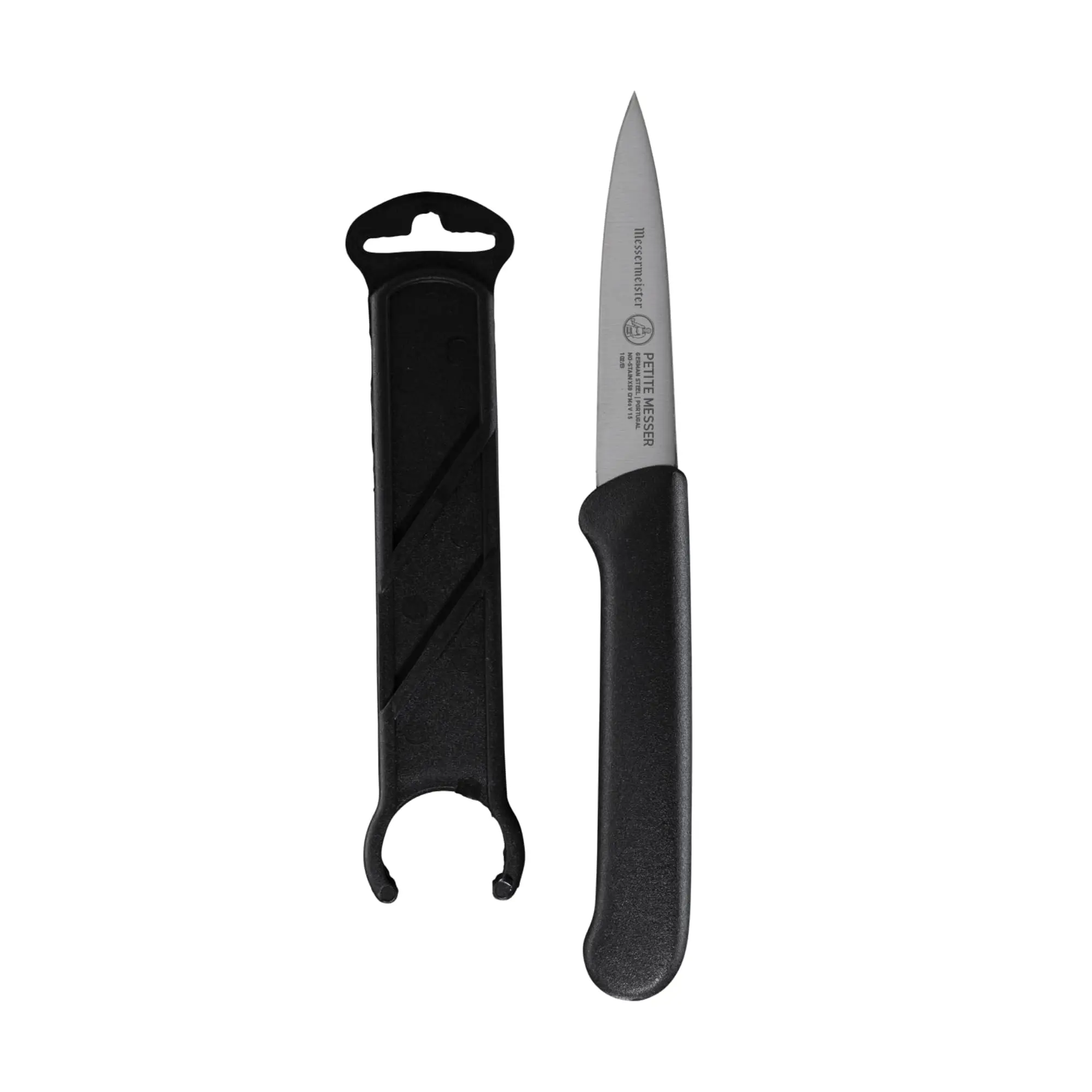 Messermeister Petite Messer 3-in Stainless Steel 3 inches Spear Point Parer Knife with Ergonomic Design, Matching Sheath, Peeling Function & Kitchen Accessories