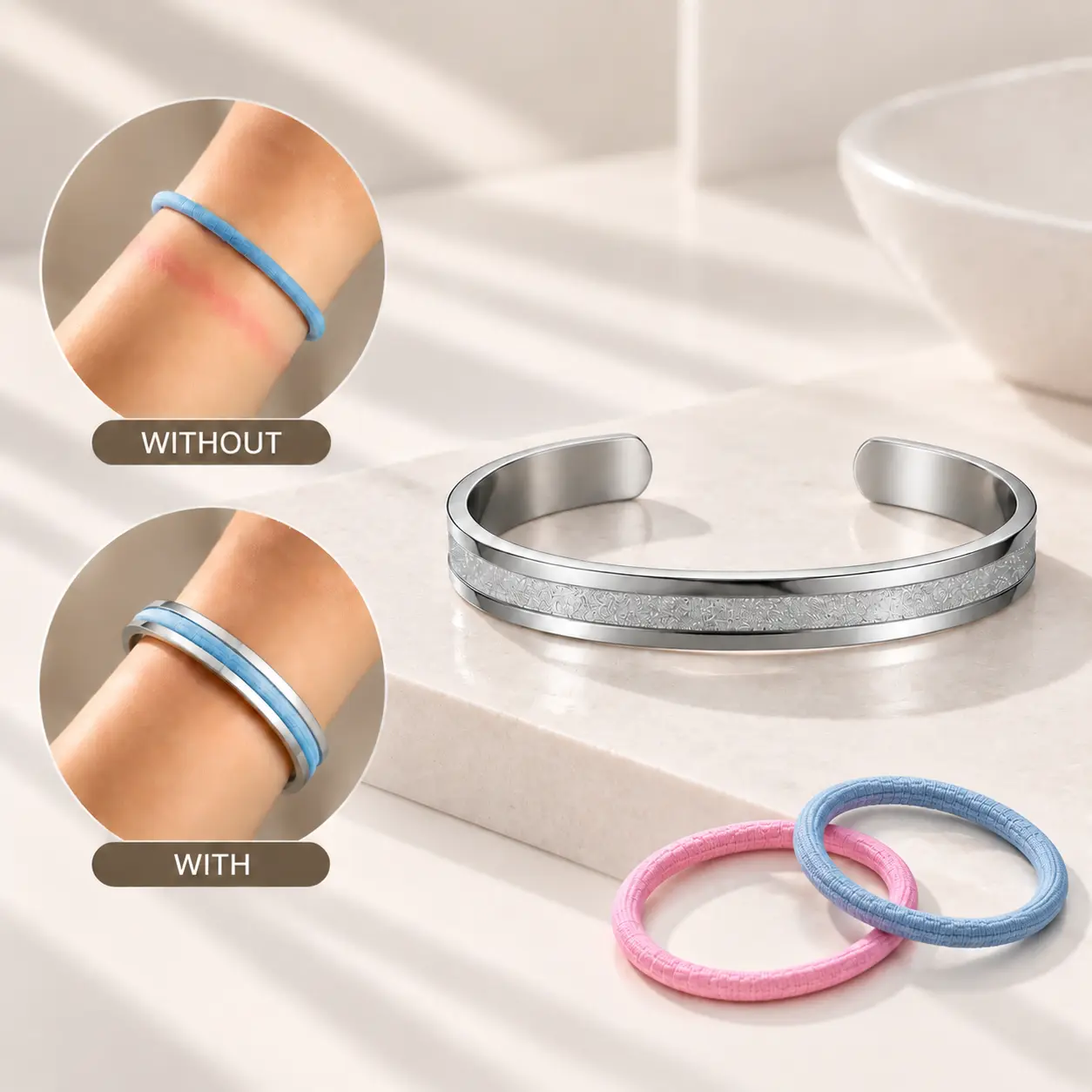 Zuo Bao Sand Grooved Hair Tie Holder Bracelet - Stainless Steel Cuff Bangle, Christmas Accessory, Inner Diameter 2.4in, Opening 1.3in, Width 0.27in