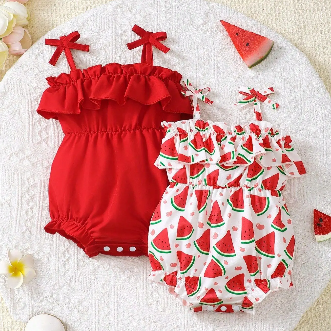 Toddler Baby Girls Summer 2 Styles Bodysuit Set, Solid Red & Watermelon Print Ruffle Suspender Newborn Outfit