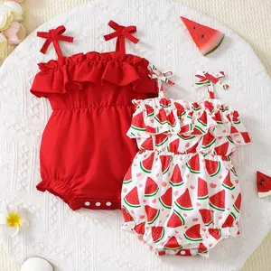 Toddler Baby Girls Summer 2 Styles Bodysuit Set, Solid Red & Watermelon Print Ruffle Suspender Newborn Outfit