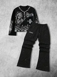 Men's two-piece set: long-sleeved graphic printed T-shirt and rhinestone-print trousers, gothic street style, avant-garde rock vibe, decorated with sparkling flame-patterned rhinestone embellishments, Outfit