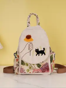 Bohemian Ethnic Style Handmade Embroidered Cat Backpack, Unisex Casual Travel Bag, Durable & Stylish Design, Perfect Gift Idea, Boho Style Backpack