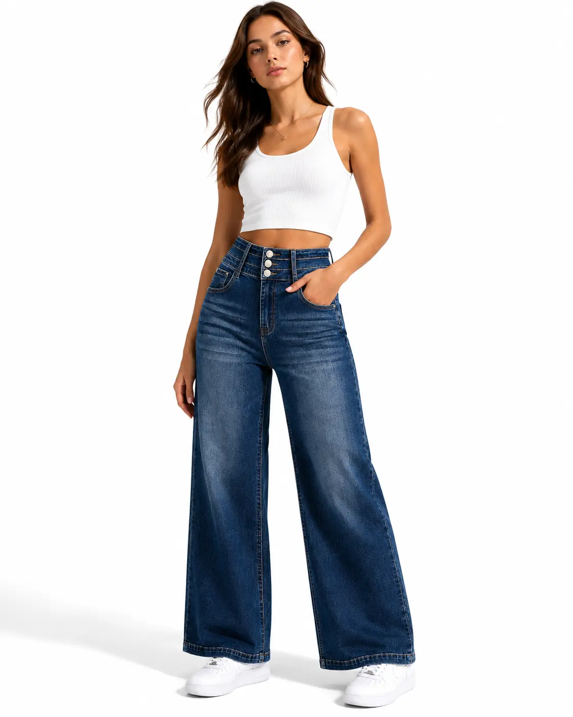 Clean Girl Aesthetic | High Waisted Multi-Button Wide Leg Jeans (Stretchy Tummy Control Casual Loose Denim Trousers)