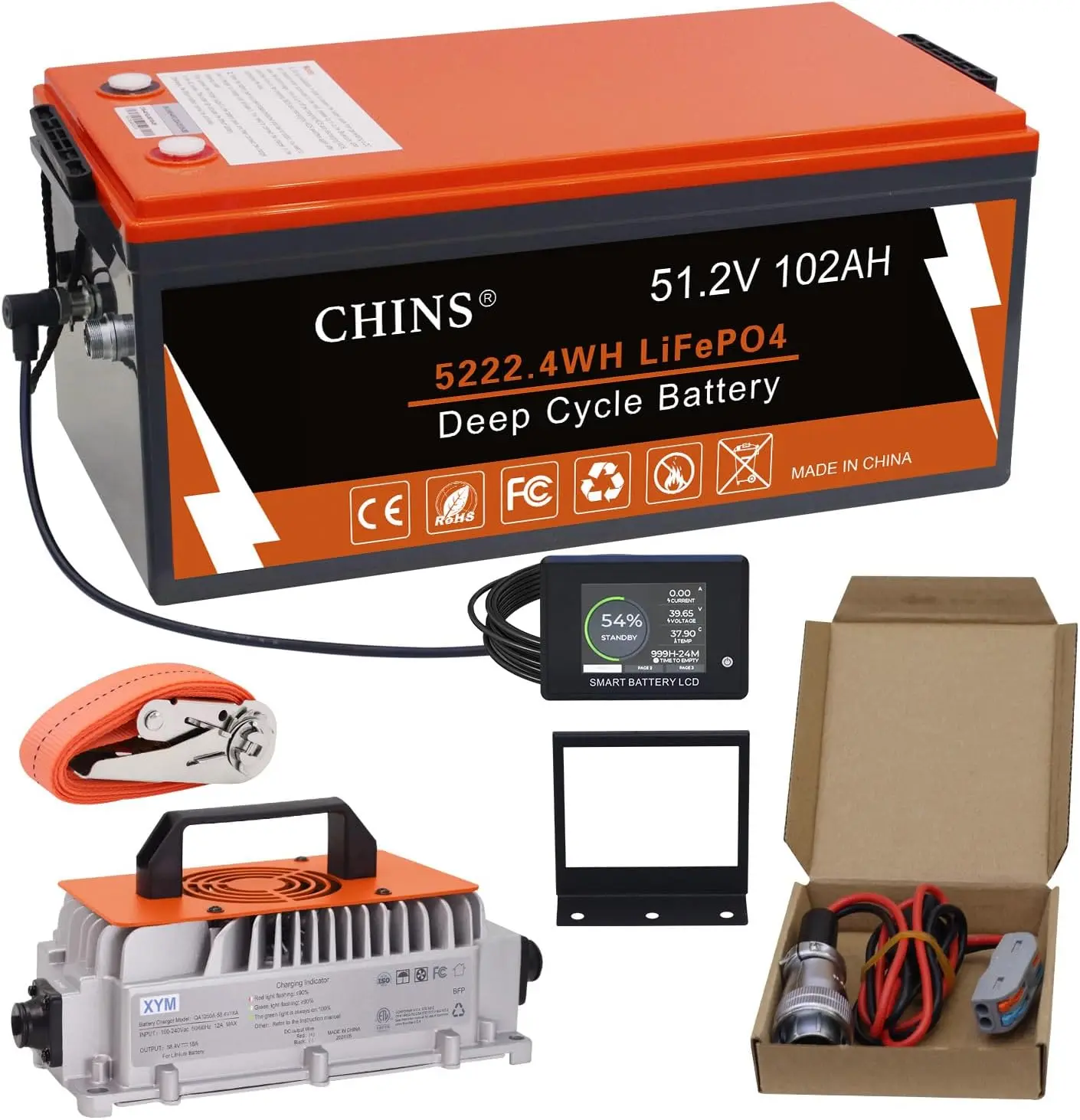 CHINS 48V Lithium Battery Golf Cart 102AH, 200A BMS, Includes Charger, Monitor, 5000+ Cycles