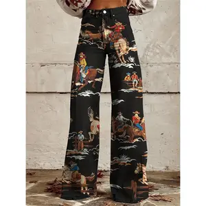 Women'S Western Cowboy Print High-Waisted Wide-Leg Jeans - 3D Printed Imitation Denim Pants with Western Scenes (Horses, Cacti & Cowboy Hats), Belt Loops & Button Closure, All-Season Comfort, Casual to Semi-Formal Outfits, Durable Non-Stretch Fabric