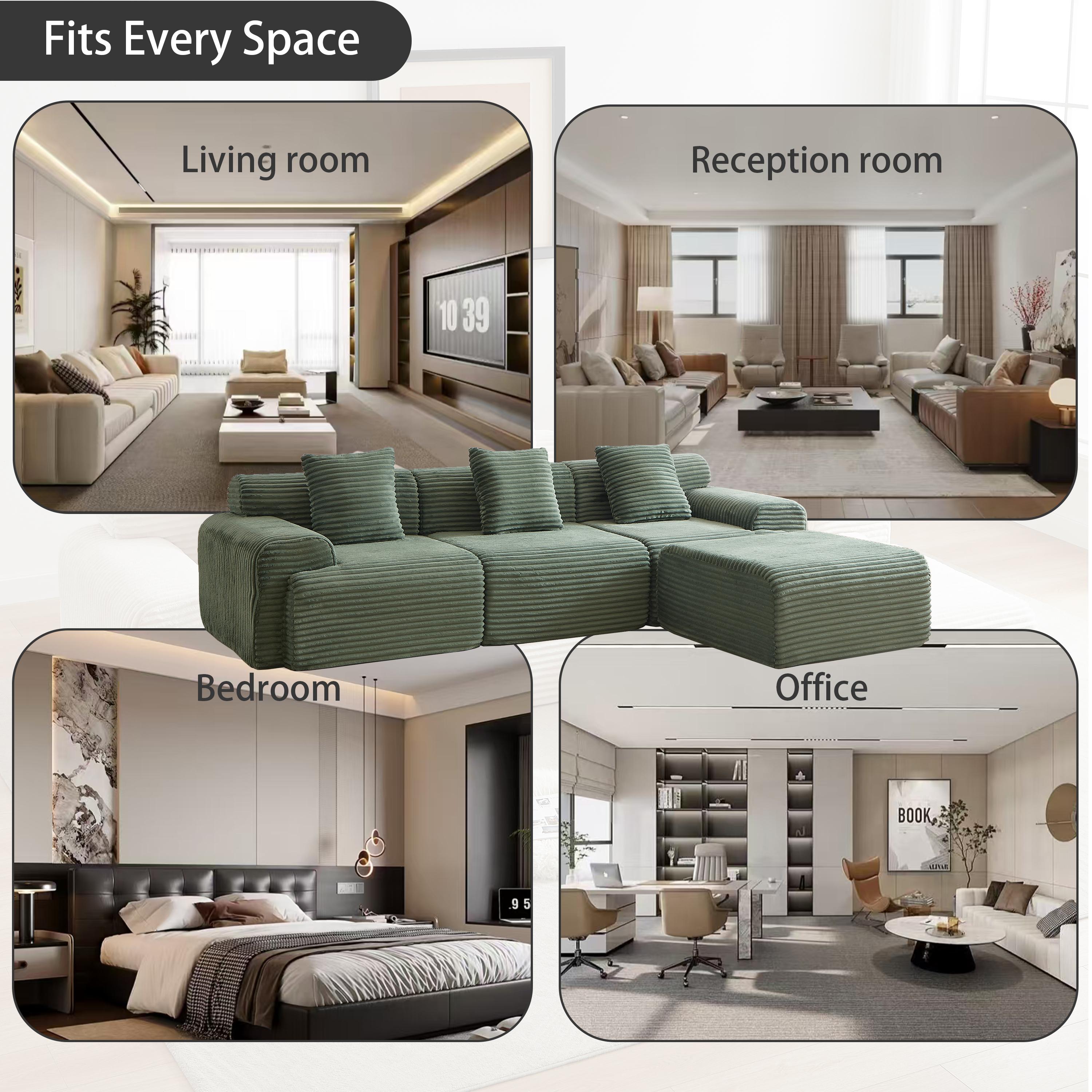 114 Inch Corduroy Modular Sectional Sofa Boneless Couch with Inlaid Structural Design, 4 Freely Configurable Modules, Extra Wide Backrest and 3 Throw Pillows, Modern Upholstered Cloud Sofa for Living Room and Apartment