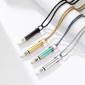 QS2230 Breathing Resistance Whistle Necklace Round Tube Built-in Cotton Core Assisted Yoga Meditation Decompression Mindfulness Jewelry Titanium Steel Pendant