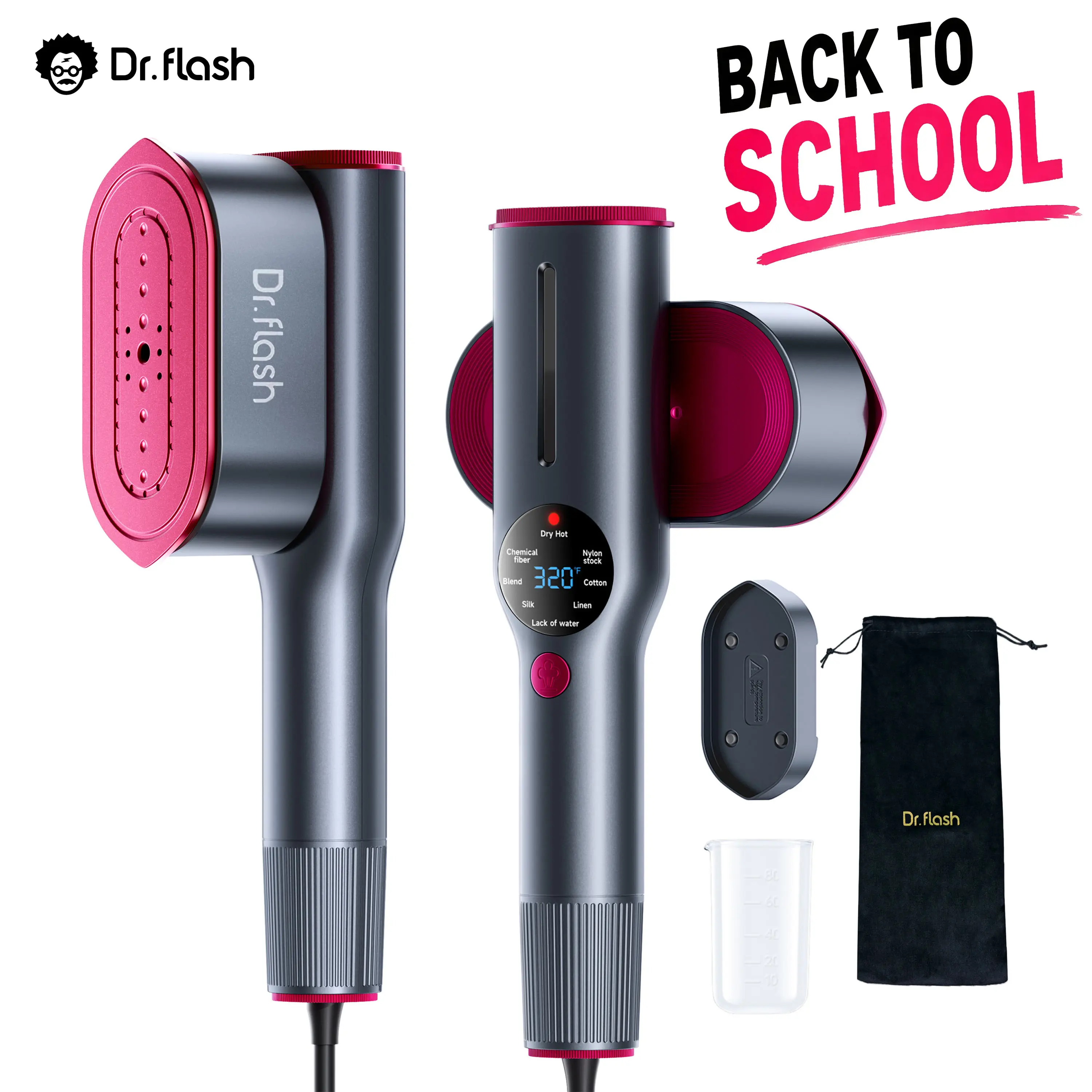 【Back To School】Dr. Flash Portable 2‑in‑1 Steam Iron, 80ml Water Tank, Handheld Garment Steamer Includes Travel Bag