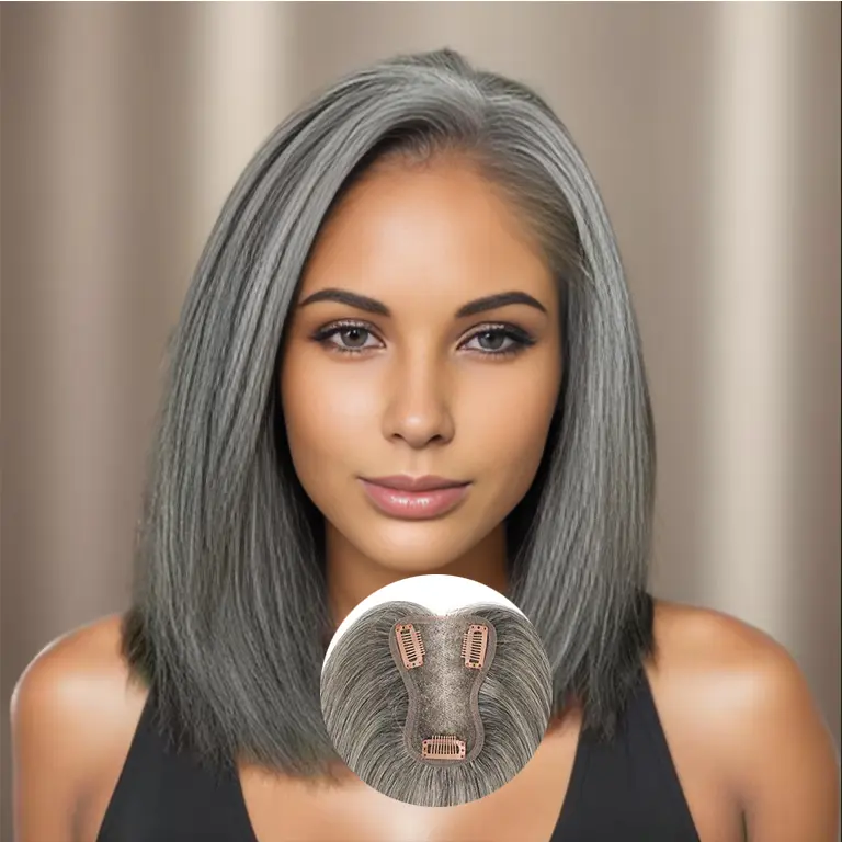 4.3x3.2 Inch 27G Add Hair Volume Cover Grey Hair Human Hair Toppers for Women Hair Toppers Human Hair 10inch Straight Hair Toppers for Women with Thinning Hair Middle Part Swiss Lace Base Clip in Hair Topper extension