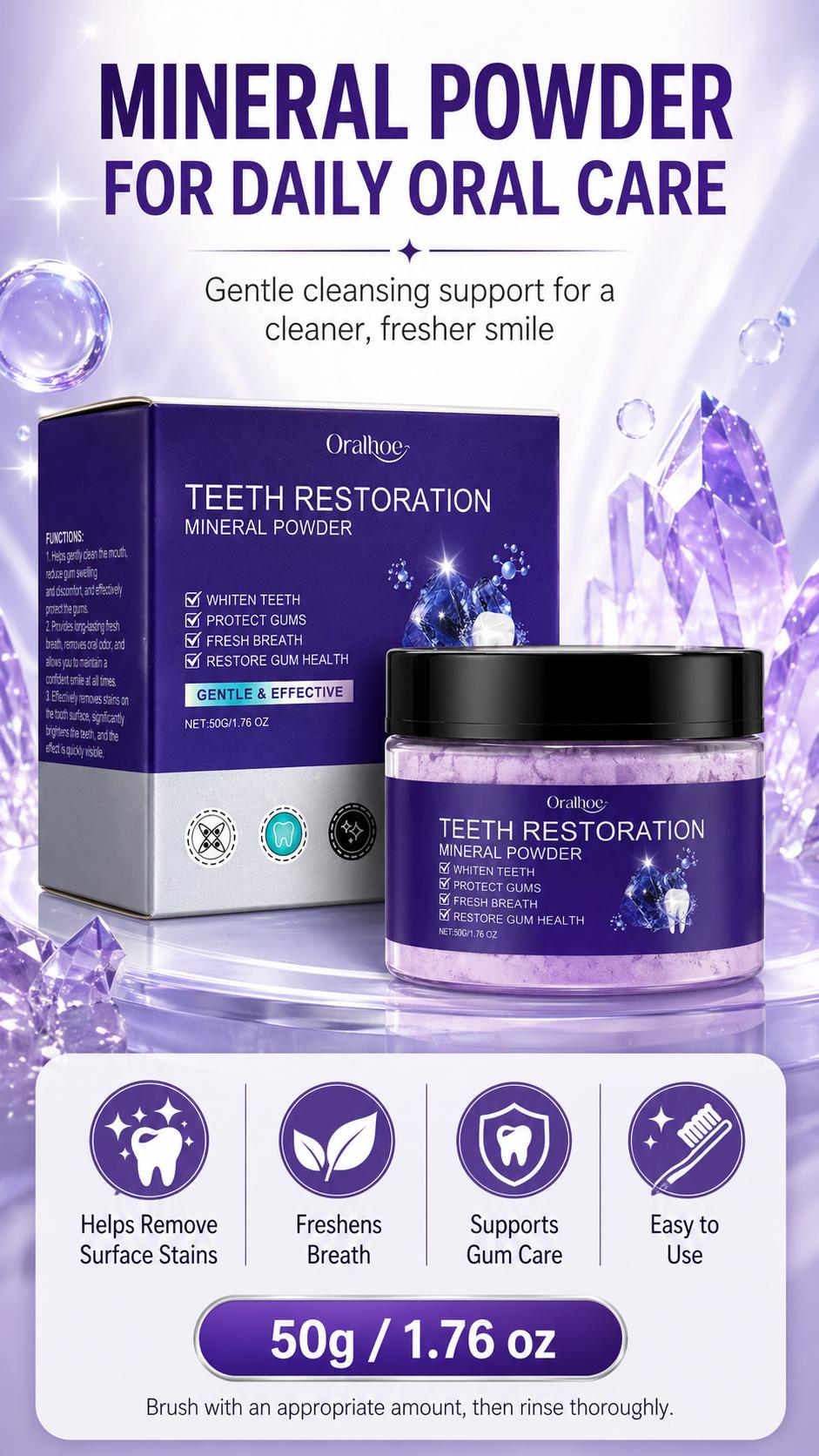 Hydroxyapatite Teeth Whitening Powder, Purple Mineral Tooth Powder for Yellow Teeth, Gentle Peroxide-Free Oral Care, Fresh Breath & Daily Gum Support