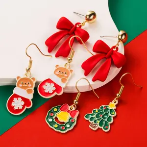 Christmas Day Personalized Earrings Simple Bell Bow Asymmetric Earhook Alloy Drip Oil Earrings Female