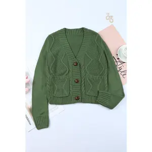 EG fashion Green Pocket Button Cable Cropped Sweater Cardigan