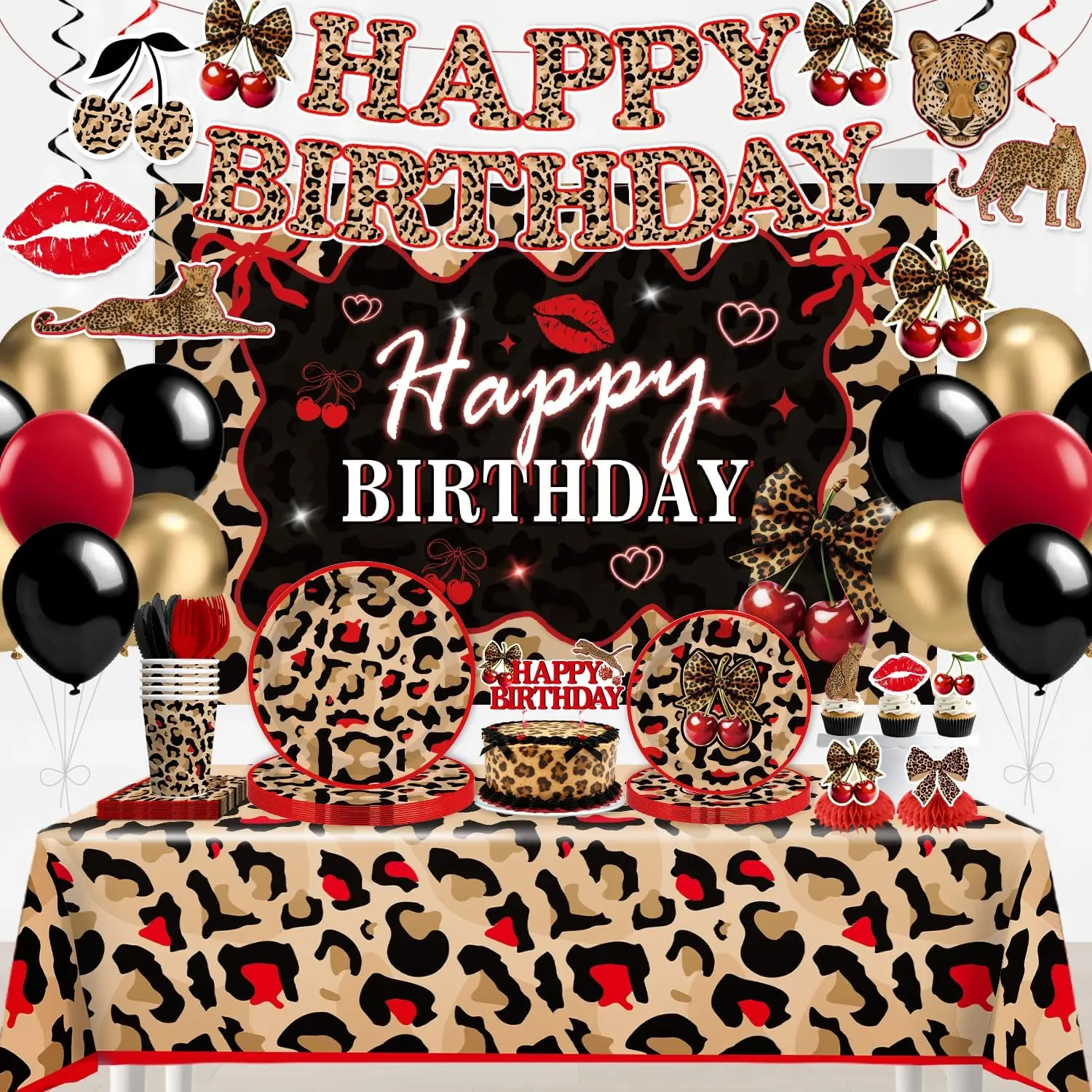 208pcs Red Cheetah Print Birthday Decorations for 25 Guests, All-in-one Set with Pre-strung Banner Plates Backdrop Balloons Tablecloths, Easy Assembly Cheetah and Cherry Birthday Decorations