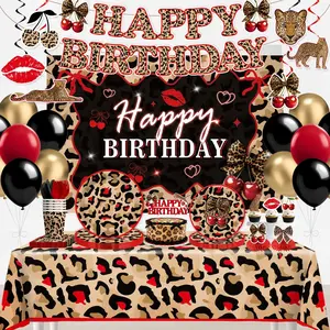 208pcs Red Cheetah Print Birthday Decorations for 25 Guests, All-in-one Set with Pre-strung Banner Plates Backdrop Balloons Tablecloths, Easy Assembly Cheetah and Cherry Birthday Decorations