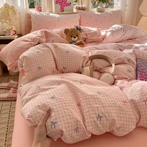 3pcs/4pcs Cloud-Feel Twin Layered Sheet Set, Cute Four-Piece Bedding, Student Dormitory Essentials, Cartoon Floral Design, All Seasons Use, Soft Bedding Sets