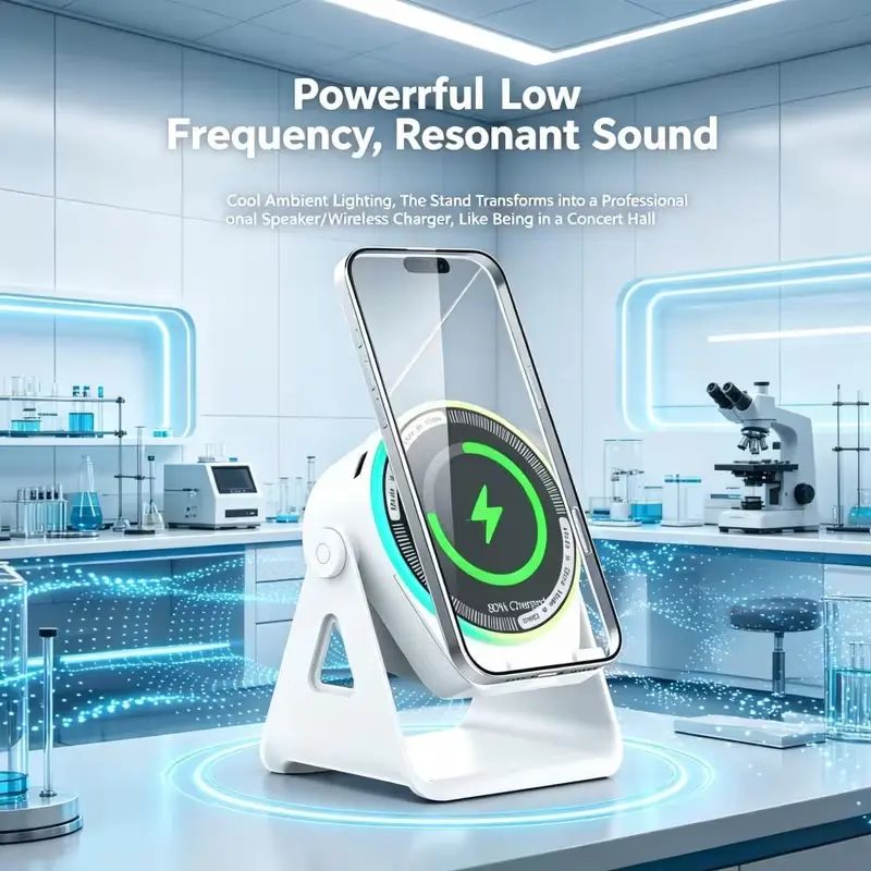 4-in-1 Wireless Induction Audio & Bluetooth Speaker with SmartPhone Holder, 800mAh Rechargeable Emergency Power Bank, RGB Ambient Light, Portable 360° Adjustable Mobile Tablet Stand– Gifts for Friends, Family,Compatible with iPhone/iPad/Android Devices