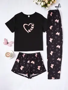 Cute Heart Butterfly Print 3 Piece Pajamas Set for Women Soft Comfy All Day Loungewear Sleepwear Womenswear