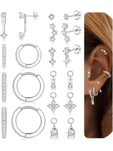 Women's Hypoallergenic Plated Silver Color Flat Back Earrings, Flat Pierced Earring, Stud Earring, Stud Earrings Jewelry, Stainless Steel Hoop Cartilage Earrings with Cz Charms