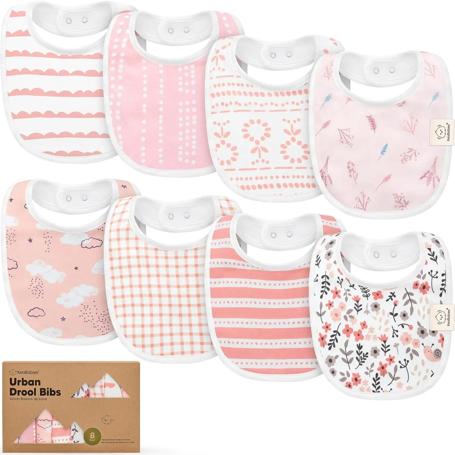 KeaBabies 8-Pack Organic Baby Bibs for Drooling and Teething - Soft Cotton Bibs for Baby Girl, Boy, Extra Absorbent, Easy to Clean & Put On for Toddler, Newborn, Infant 0-24 Months (Sweet Charm)