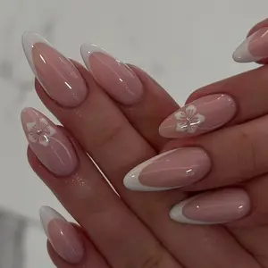 24pcs Gentle Oval Nude French Nail Set, Floral Embellished Rhinestone Flower Design, Reusable Gel Nails, Perfect for Parties and Daily Use, Elegant Rhinestone Decorated
