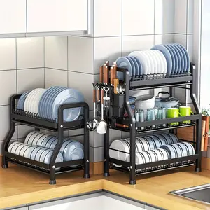 2024 1 count Space-Saving Carbon Steel Kitchen Dish Drying Rack - 3-Tier Stackable Design, Utensil Organizer, Chopping Board Holder, Countertop Storage, Dish, Knife, Spoon, Fork Holder, and Kitchen Supplies