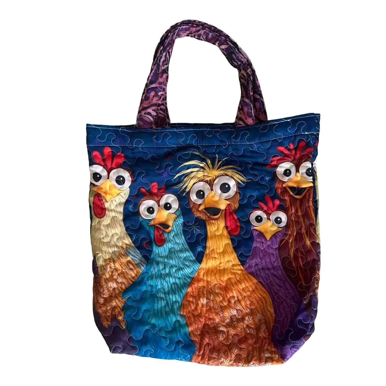 Funny Big Eye Rooster Print Quilted Tote Bag - Lightweight, Large Capacity Reusable Shopping Handbag for Daily Travel, Beach Use
