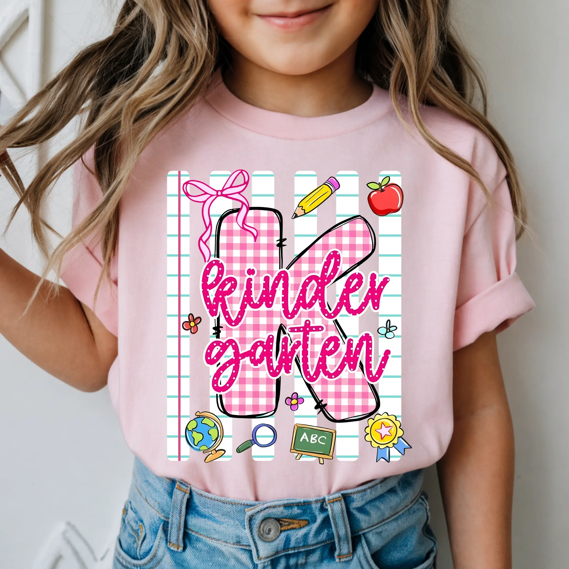 Kindergarten Youth Shirt, First Day of School Youth Shirt, Pink Coquette Teacher Tee, Cute Checkered Back to School Gift for Girls