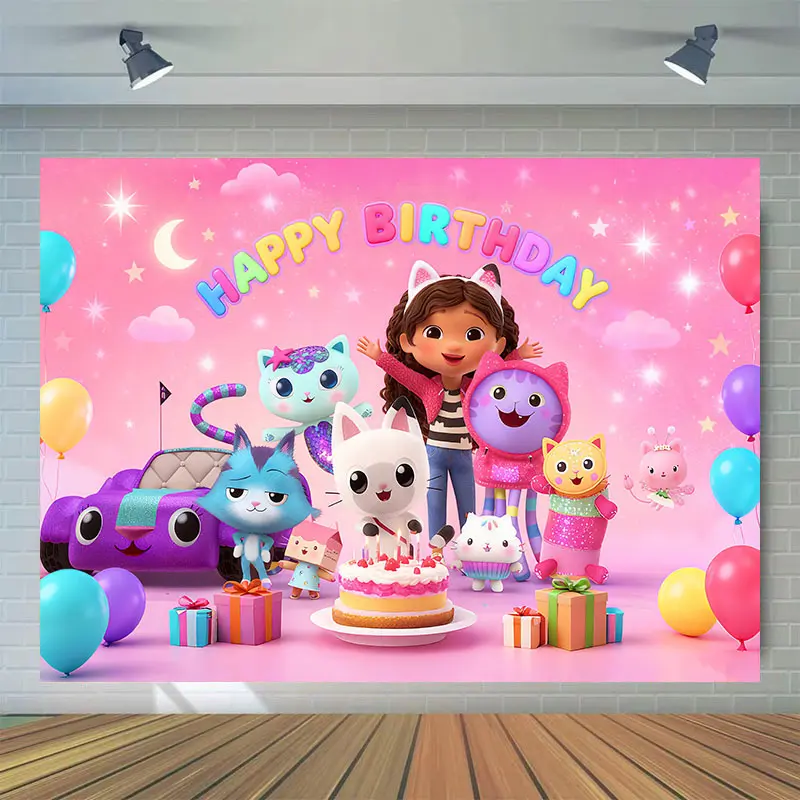 Cartoon Anime Gabby Dollhouse Happy Birthday Polyester Backdrop Banner Party Photography Background, Wall Art, Outdoor Home Decor, Party Supplies, Party Decorations Banners