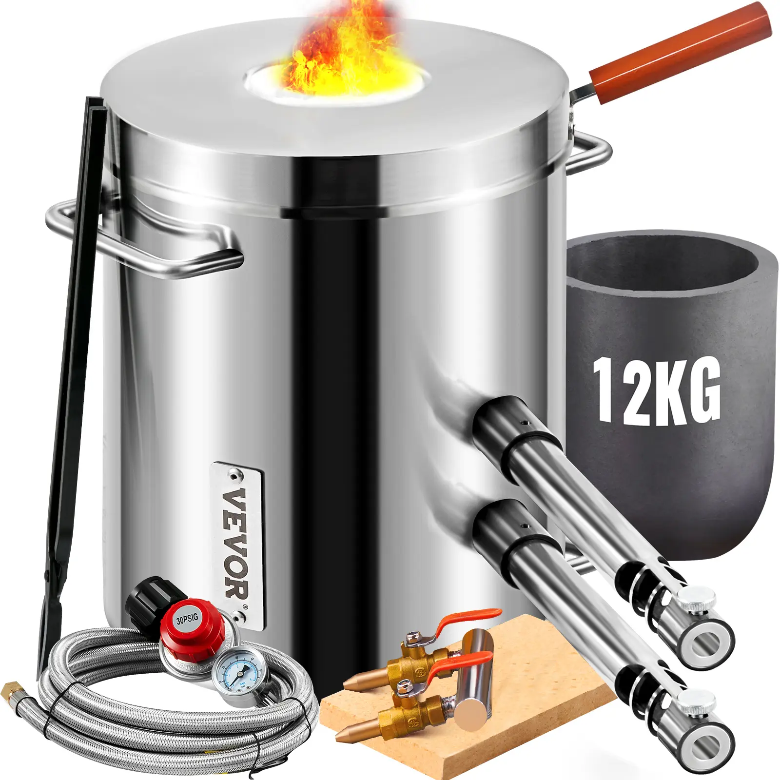 VEVOR Foundry Kit, 12 KG Propane Melting Furnace with Crucible & Tongs, Portable Stainless Steel Double Burner Smelter for Metal Recycling, Diy Projects, Integrated Cover, Adjustable Regulator, High Heat Efficiency, Patent Technology, Outdoor Cooking Supp