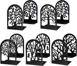 Decorative Tree Bookends for Shelves, 5 Pairs Black Metal Heavy Duty Book Stoppers for Heavy Books, Book Ends for Home Office School