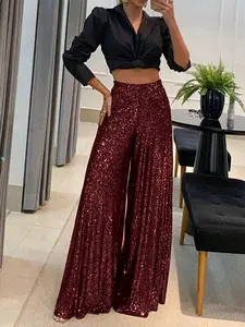 A women's wide-leg version is loose and elegant and inclusive with a good waist elastic design sequin wide-leg trousers, suitable for autumn and winter, suitable for evening dinner party style, fashionable red carpet style and other styles.