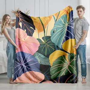 1 piece Colorful tropical plant leaf decorative pattern themed flannel blanket - Modern-style flannel blanket, suitable for sofas and beds, all-season use, super soft and comfortable, digital printing, 100% polyester material, machine washable