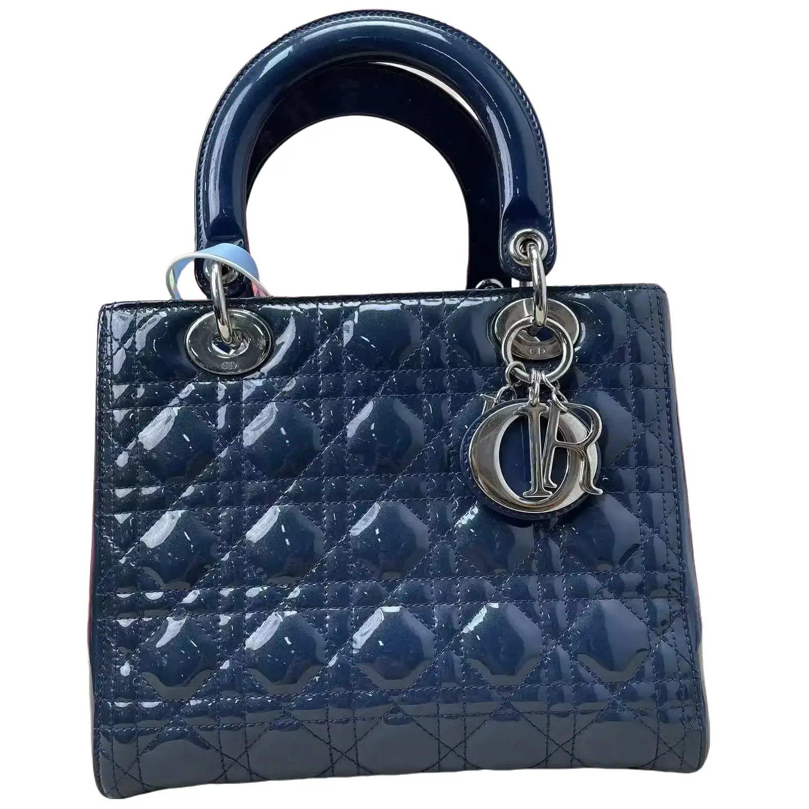 Pre-owned Dior Blue Patent Leather Silver Hardware 5 Grid Lady Handbag