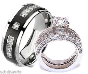 His & Hers Cz Wedding Ring Set Stainless Steel & Titanium Wedding Ring Set