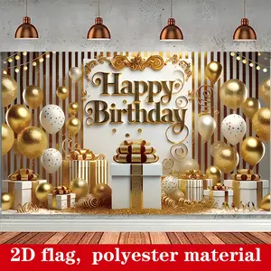 Luxury Golden Birthday Backdrop - Premium 100% Polyester Soft & Durable Photography Banner with Balloons, Gift Boxes, Confetti & "Happy Birthday" Text - Perfect for Storefront Decor, Celebrations & Photo Booths