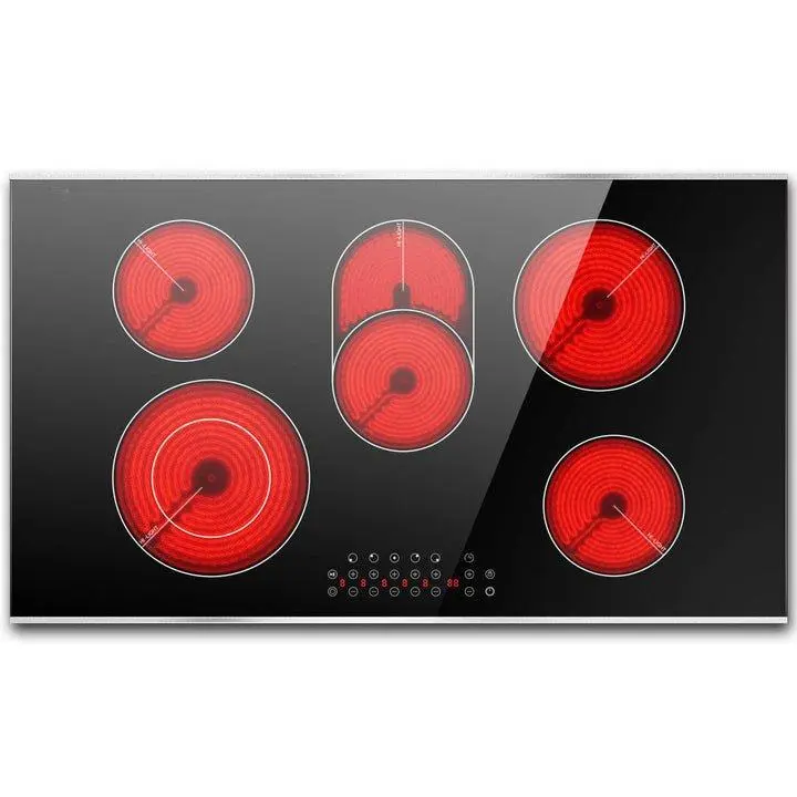 Karinear Electric Cooktop 36 Inch, 5 Burners Electric Stove Top, Built-in Glass Radiant Electric Ceramic Cooktop, Expandable Zones, Lock, Timer, Pause, Metal Edged Protection, 8400W 220~240v Hardwired