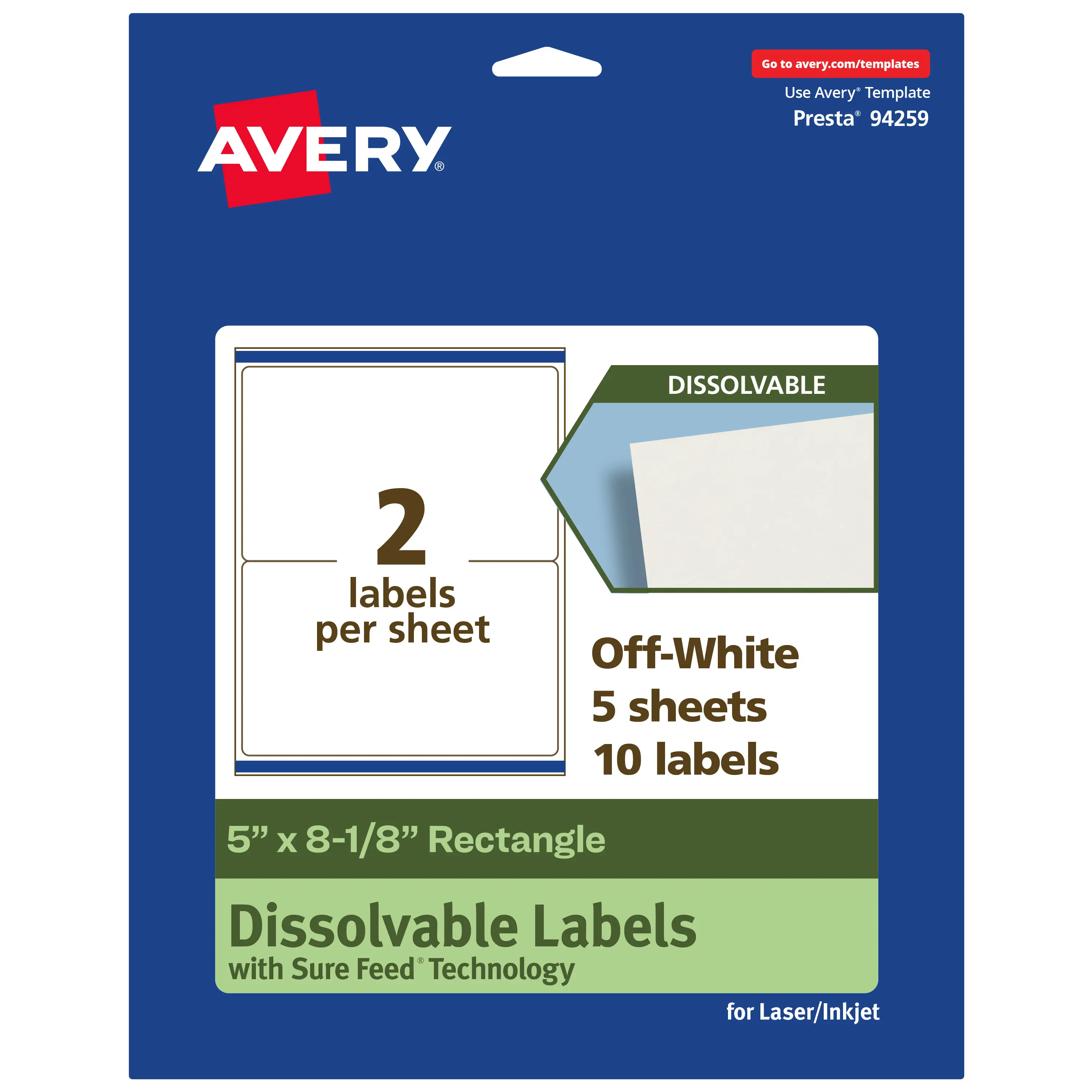 Avery Dissolvable Labels, 5" x 8-1/8" Rectangle