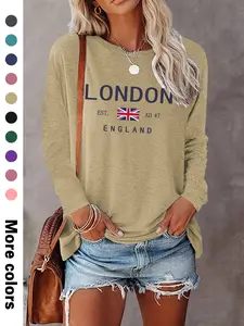 Women's Casual Letter Print Long Sleeve Round Neck Basic Thin Top, Available in 10 Colors, Perfect for Fall & Winter Fashion
