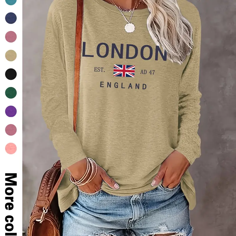 Women's Letter Print Long-Sleeve Casual Round Neck Fitted Thin Top Available in 10 Colors, Perfect for Fall and Winter Fashion