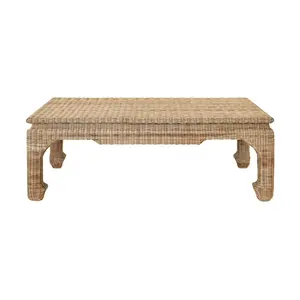 Asian Bohemian Rattan Rectangle Frame Coffee Table