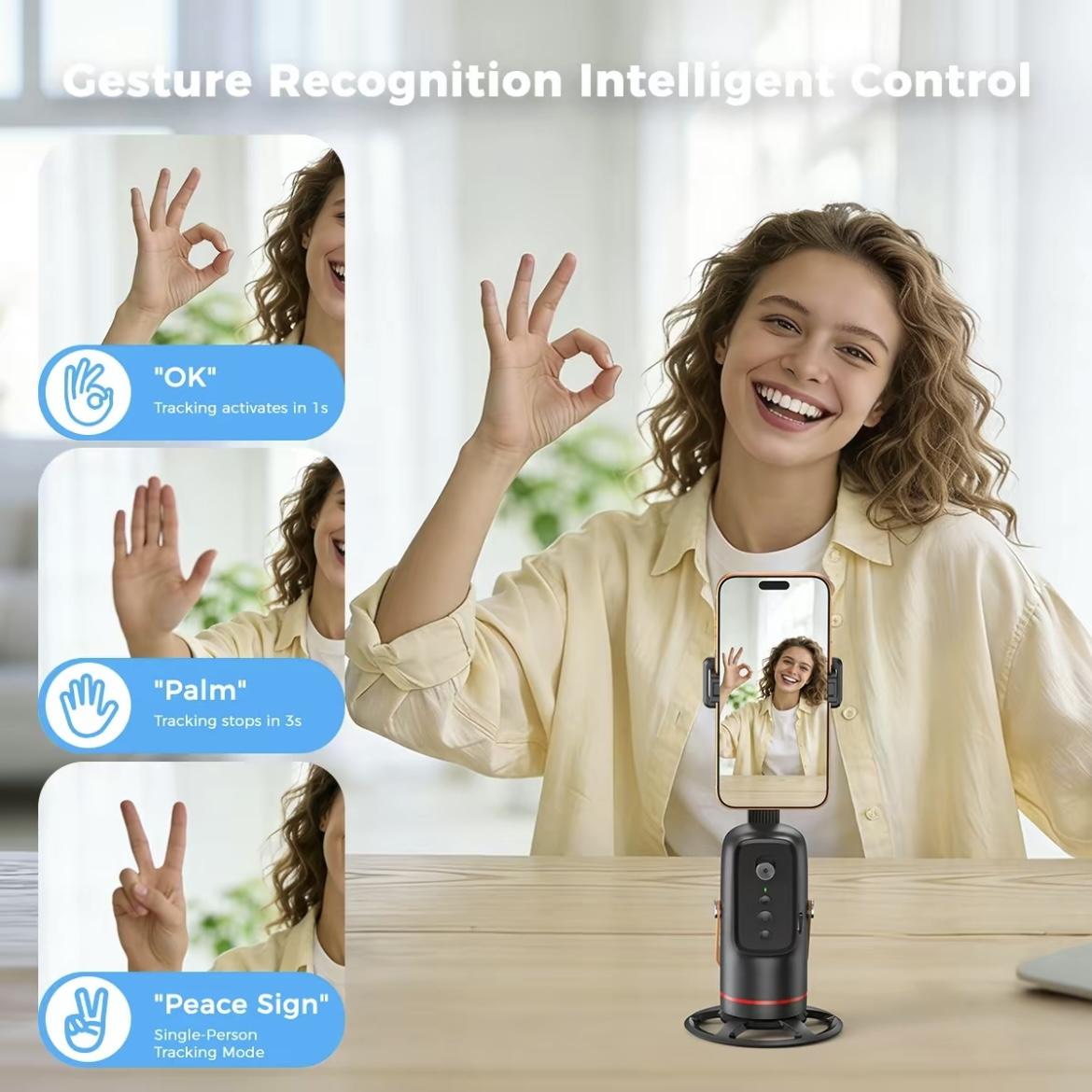 Automatic face-tracking tripod with gesture control, 360° rotation; phone camera mount for body/face shots; smart tracking holder for live vlogging and video streaming; selfie accessories; 360 rotating phone stand